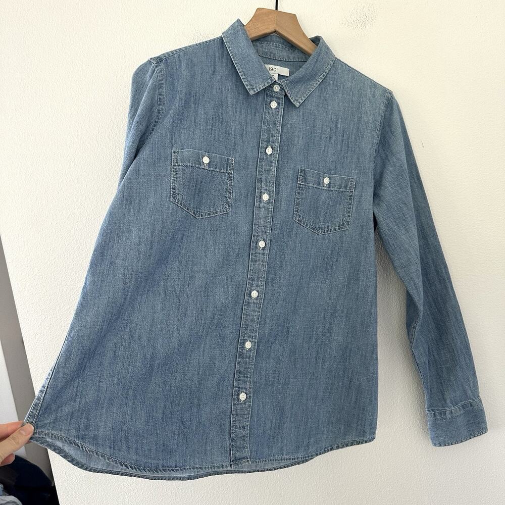 1901 100% Cotton Denim Long Sleeve Button Down Shirt Size M Butter mom Coastal - Picture 2 of 8